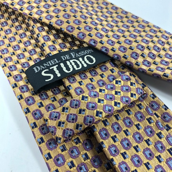 Daniel de Fasson Men’s Silk Tie Gold Purple Blue - Picture 3 of 4
